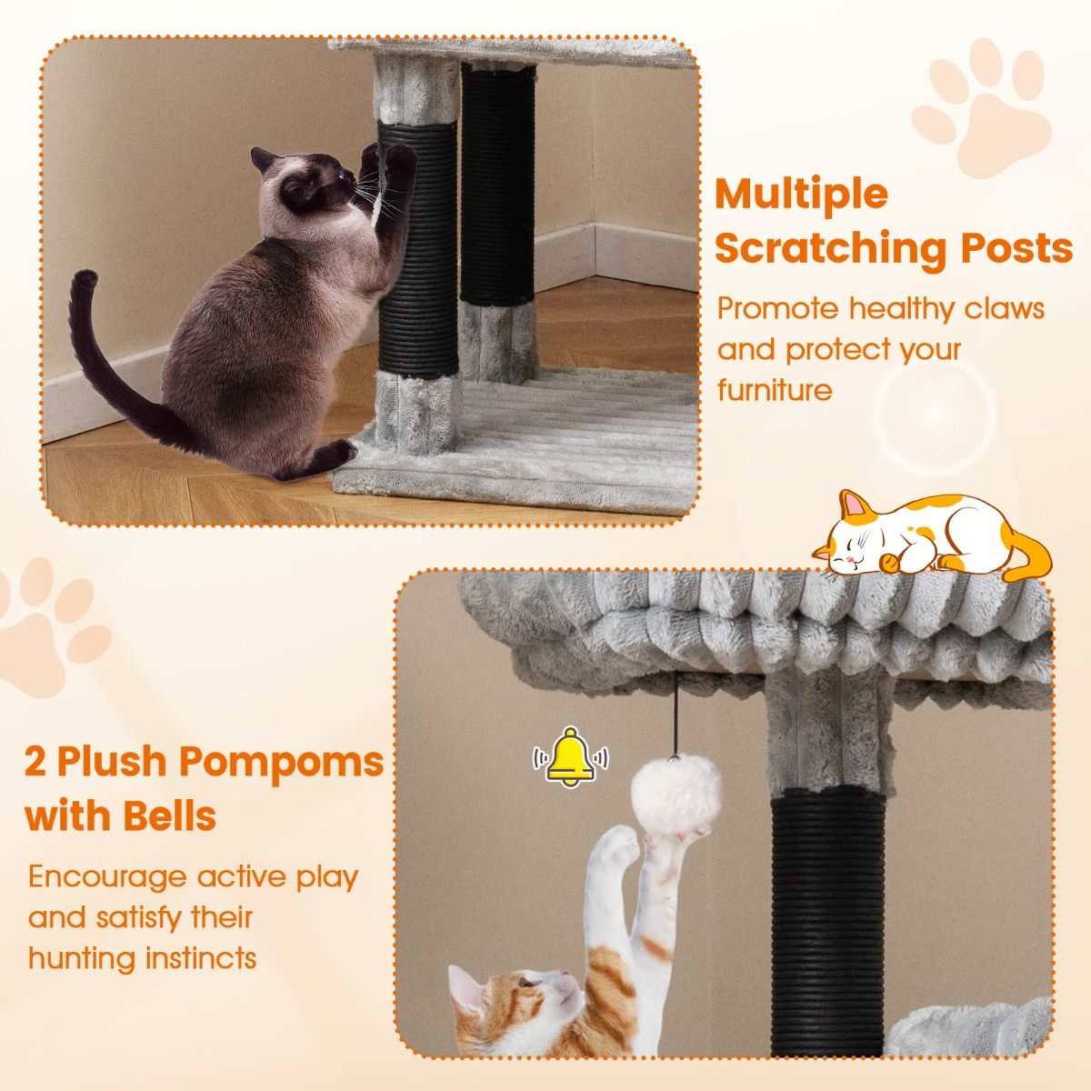 Coast Krabpaal voor Katten - 2 knuffelholtes - 2 ligplaatsen - lichtgrijs - 156 cm