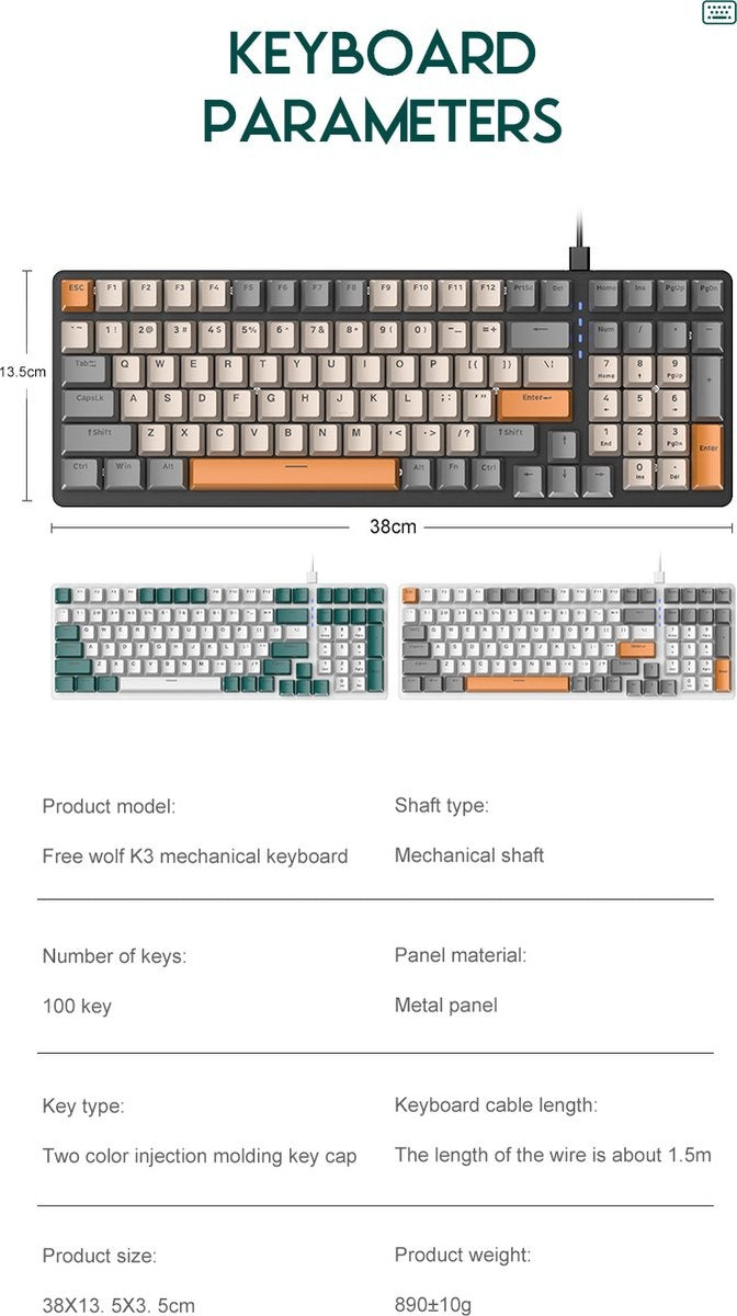 Fuegobird K3 Mechanisch Gaming Toetsenbord - 100keys - Rood Switch - QWERTY - Mechanical RGB Backlight Keyboard - Shimmer