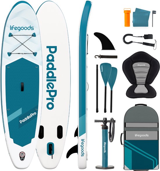 LifeGoods SUP Board Allround Compact - Met Zitje - 100 KG Draagkracht - 300 x 76 cm - Opblaasbaar - Compleet SUP pakket - Deep Aqua