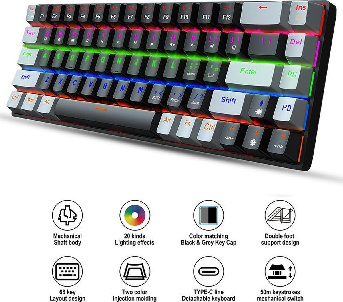 HXSJ V800 RGB Mechanisch gaming toetsenbord - QWERTY - 68 Keys - Blue Switch - Zwart grijs