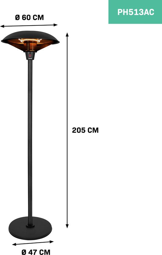 VONROC – Terrasverwarmer Staand – 2000 W & 360 Graden Straling – Voorzien Van 3 Standen En Kantelbeveiliging – Voor Veranda En Overkapping – Matzwart Metaal