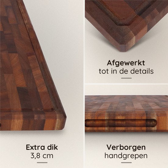 Deleca Walnoot Kopshouten Snijplank - Dubbelzijdig met Sapgeul / Handgrepen - Groot en Dikke Hakblok - Voor Keuken, Duurzame Snijplanken, Serveerplank, Kaasplank, Borrelplank, Tapasplank - Walnoten Hout - Zonder Plastic - 51x38x3.8 cm