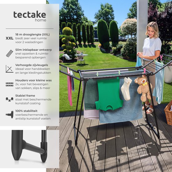 tectake® Droogrek - Wasrek - 18 Meter Drooglengte - Inklapbaar - Staand - Droogrekken met 2 Houders voor Kleine Was - Hoge Zijvleugels voor Lange Kleding - Zwart