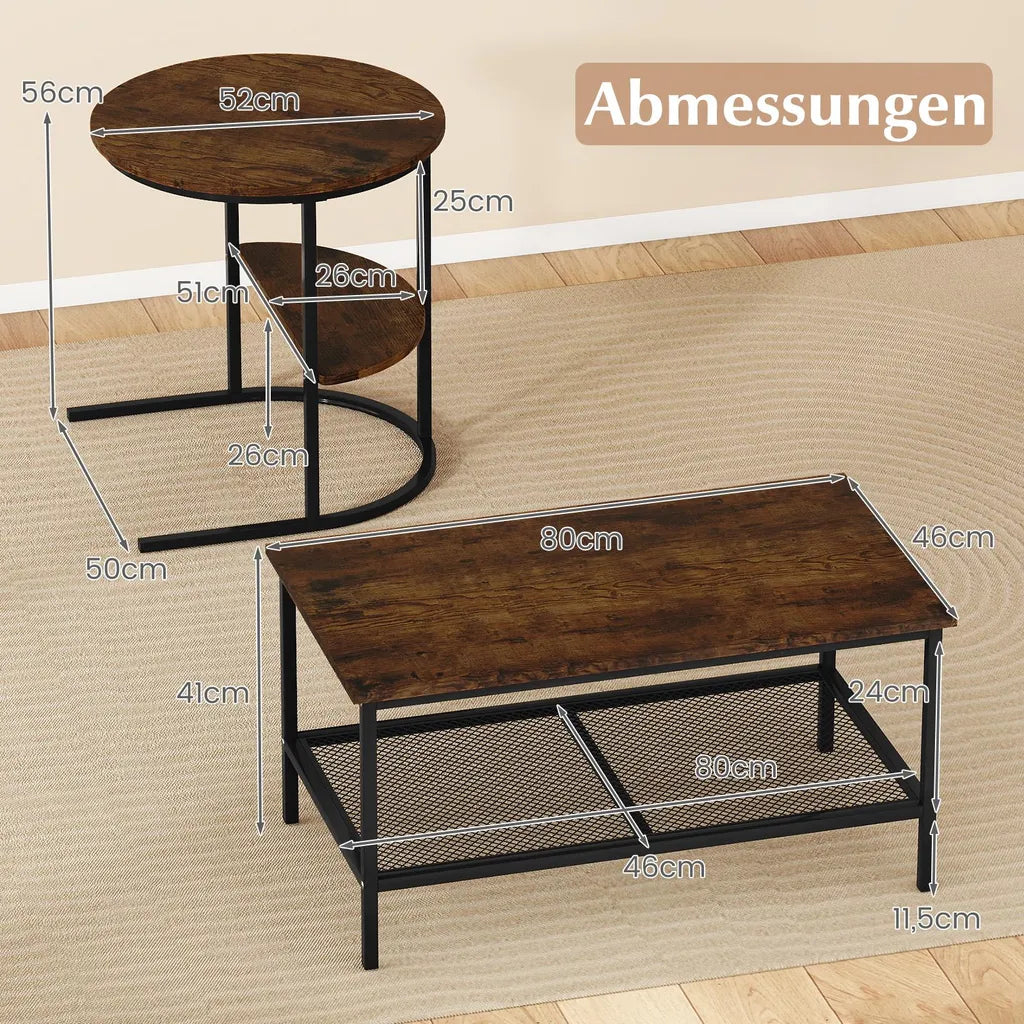 Coast Salontafel Set van 2 – Ovale en Ronde Bijzettafel met Metalen Frame – Bruin
