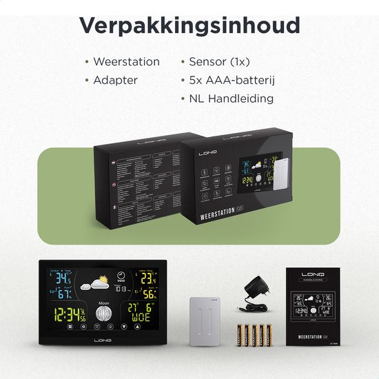 LONQ Weerstation Binnen en Buiten Q3 - Incl. Batterijen - Draadloos Weerstation met Buitensensor - Thermometer Hygrometer - Touchscreen Kleurendisplay - DCF Gestuurde Klok
