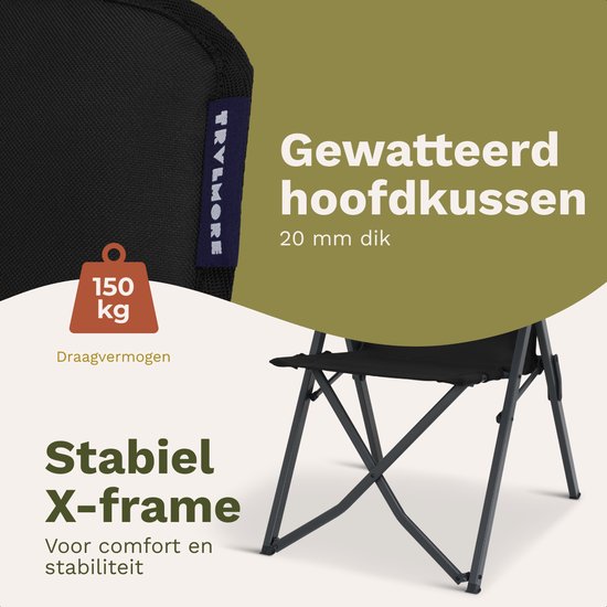 TRVLMORE Campingstoelen Luxe - Opvouwbaar - 2-Pack - 150KG Draagvermogen - Incl. Draagtas - Klapstoel - Kampeerstoel - Vouwstoel - Zwart