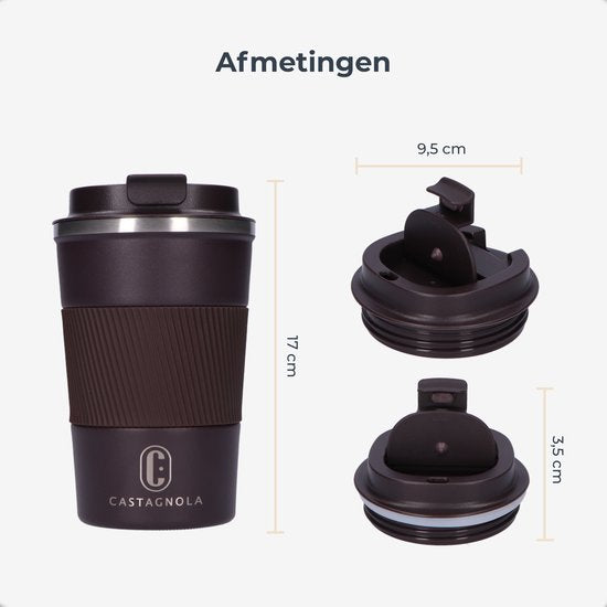 Castagnola Thermosbeker - Koffiebeker To Go - Travel Mug voor Koffie en Thee - Theebeker - 380 ML - RVS - Bruin