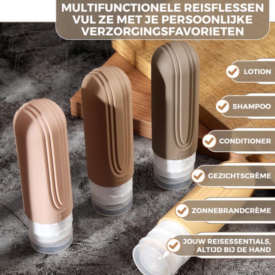 EverNeeds Reisflesjes Met Etui - Navulbaar - Siliconen Reisflesjes Handbagage - Licht Apricot - 4 Stuks