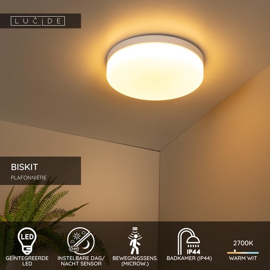Lucide BISKIT - Plafonnière (Plafondlamp) Badkamer - Ø 34,5 cm - LED - 1x24W 2700K - IP44 - Bewegingssensor - Wit