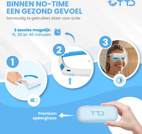 TTD® Lichttherapiebril met Wit & Blauw Licht - Verbetert Stemming, Focus, Energieniveau en Slaap - Daglichtbril - Daglichtlamp - Met Ingebouwde Timer - Oplaadbare Batterij - 100% UV-Vrij - Met Luxe Travel Case