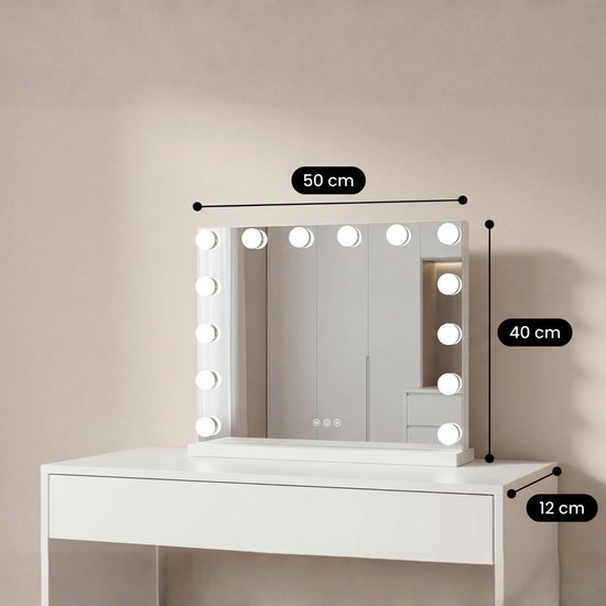 Bayt Hollywood Spiegel met verlichting - Make Up Spiegel met Verlichting - Spiegel Met Verlichting - Dimbaar - 10x Vergroting - 50x40cm - Wit