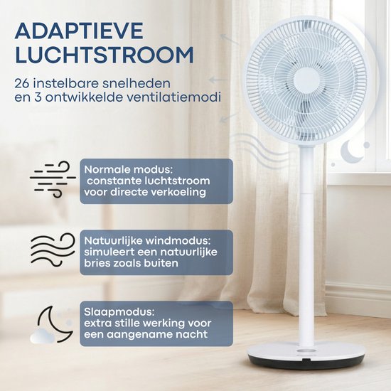Aironex Ventilator - Stille Statiefventilator met 26 snelheden - App bediening - Laag verbruik - Wit - Met Aromafunctie en Wifi - Timer en Nachtmodus - In hoogte verstelbaar - Horizontale + Verticale oscillatie