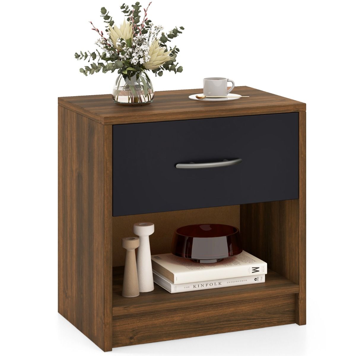 Coast Nachtkastje - met lade en open opbergplank - compact design - bruin en zwart - 38,5 x 28 x 40,5 cm