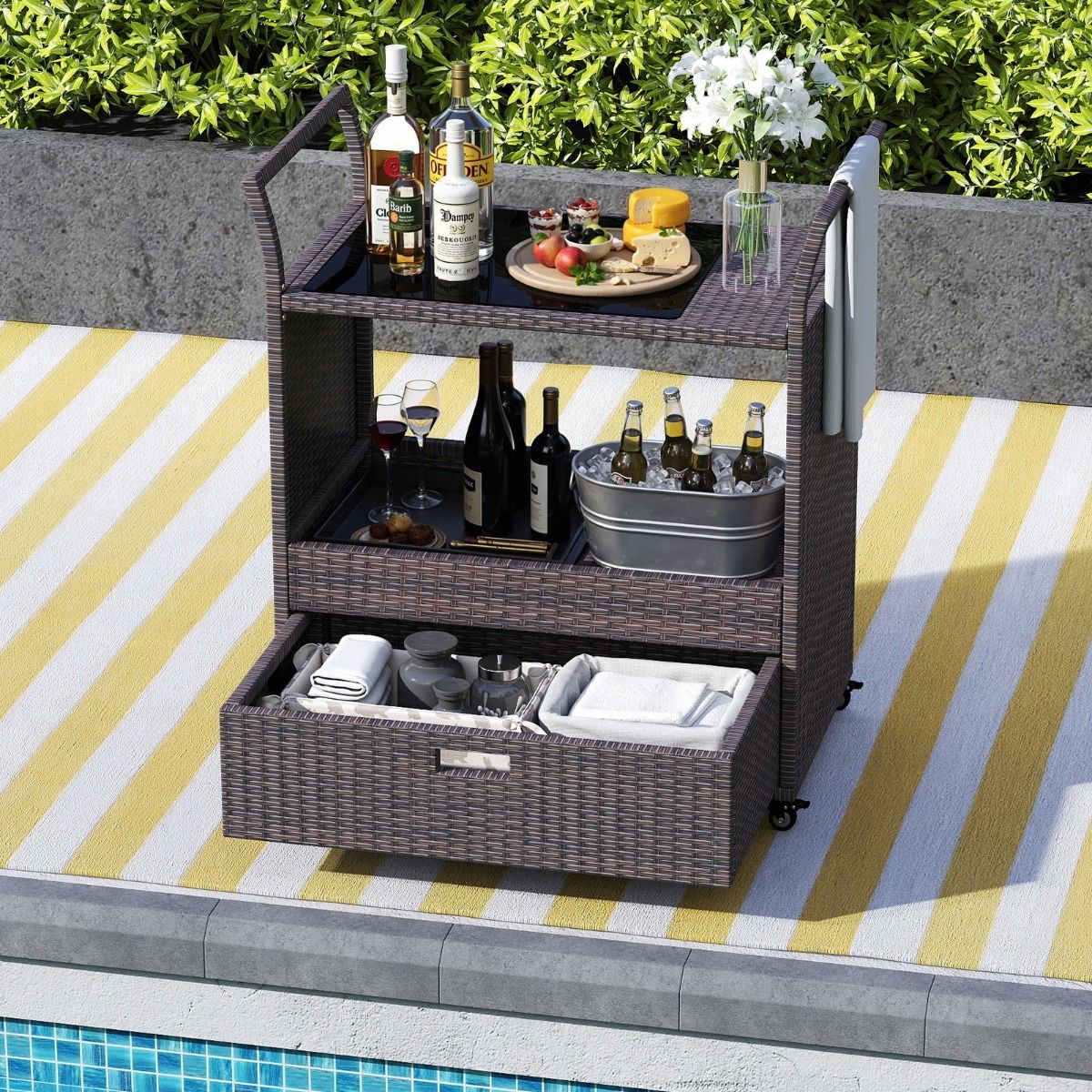 Coast Rieten Barwagen - met gehard glazen blad - grote lade en open plank - bruin - 85 x 47 x 92 cm