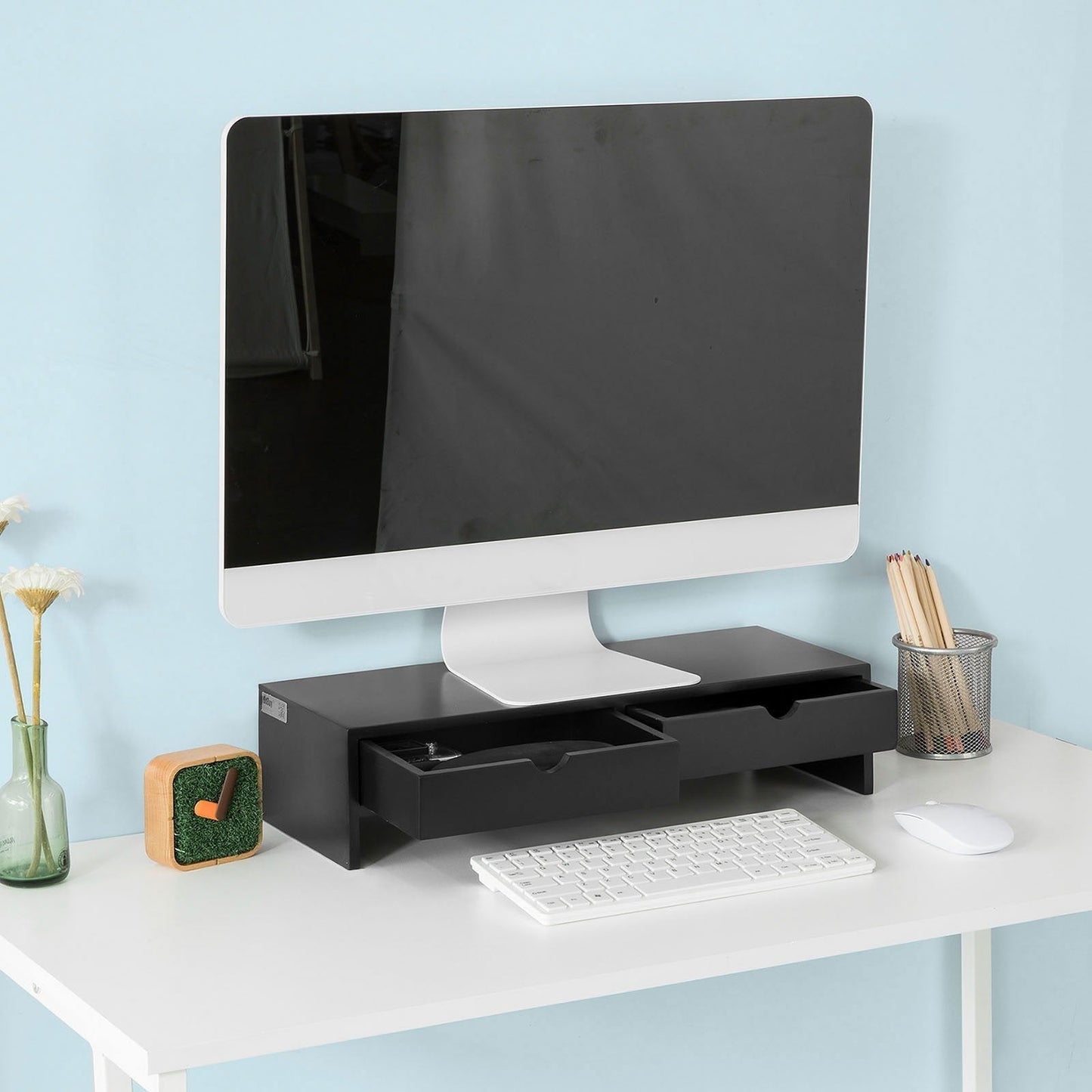 SoBuy BBF02-Sch Monitorstandaard Computerstandaard Bureau-organizer met 2 Laden - 47x11x18cm (Zwart)