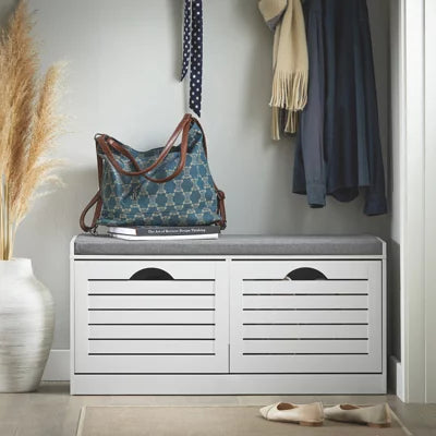 SoBuy Schoenenkast met Zitkussen - 2 Kleppen - 94 x 30 x 47 cm - Wit