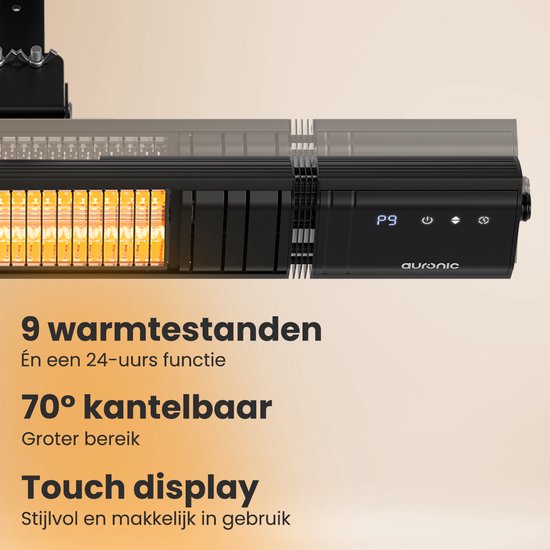 Auronic Terrasverwarmer - Infrarood Verwarming - Touch Display - 10m2 - Elektrisch - 2000W - Afstandsbediening - 9 Standen - Zwart