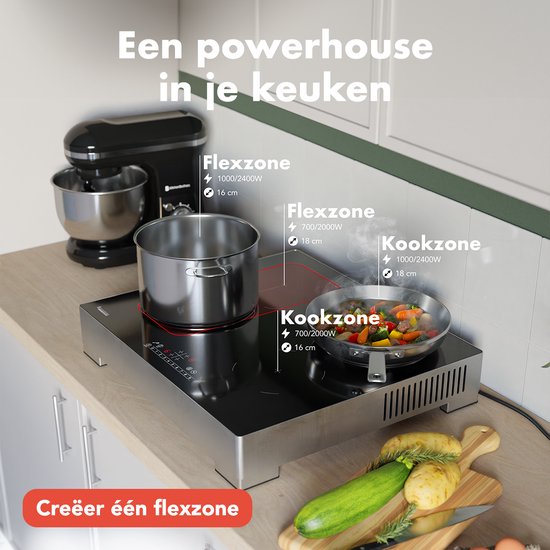 KitchenBrothers Inductie Kookplaat - Vrijstaande Inductieplaat - 60 cm - 4 Zones - 1x Flexzone - 1 Fase - Tot 3500W - Zilver/RVS
