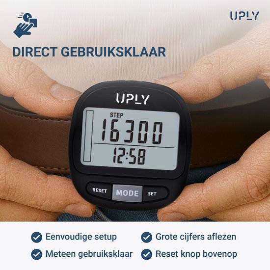 Uply Stappenteller met Clip & Draagkoord – 3D Sensor – Broekzak Pedometer – Inclusief Batterij – Zwart