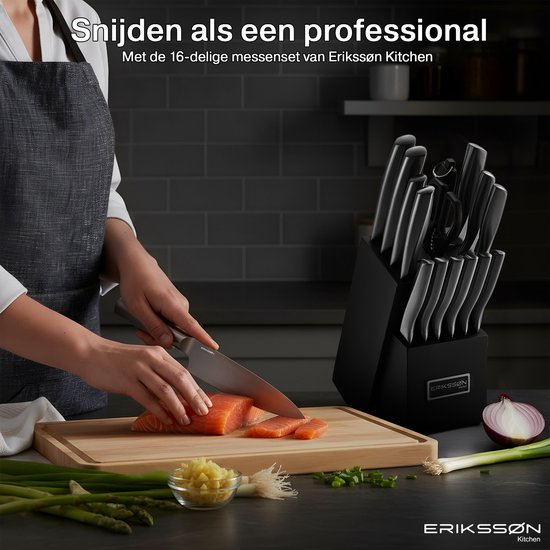 Erikssøn Kitchen Messenset Met Keukenblok - 16 Delig - Krasbestendig - Keukenmessen - Koksmes - Vleesmes - Zwart