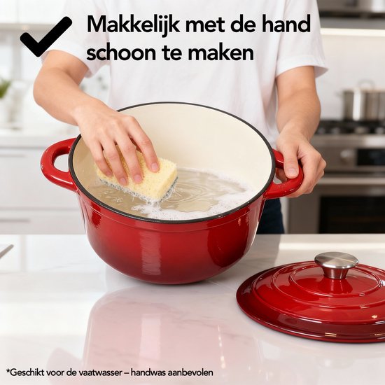 Aviro Gietijzeren Braadpan - Ø26CM - 5L - Alle Warmtebronnen Incl. Inductie - Stoofpot - PFAS-vrij - Met Deksel - Rood