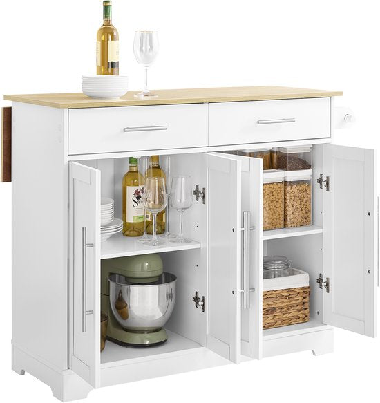 SoBuy FKW129-WN Keukentrolley op Wielen – Keukeneiland met Uitschuifbaar Werkblad, 2 Lades en Verstelbare Planken – Mobiele Keukenwagen of Eettafelkast, Wit 113x91x(44-69) cm