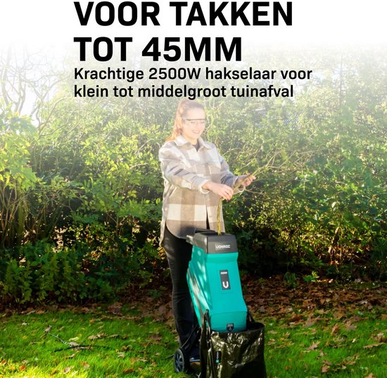 VONROC Hakselaar/Shredder 2500W – Voor takken tot Ø45mm – Incl. 45L opvangzak & duwstok