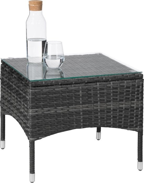 tectake® - wicker meubelen tuinset met verwisselbare hoezen, 2 stoelen en tafel met glazen blad, 2x outdoor loungestoelen met armleuningen en tuintafel, tuinmeubelset, balkonmeubilair - - grijs - poly-rattan