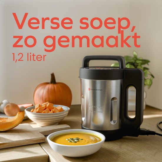 KitchenBrothers Soepmaker - 1.2L - 5 Programma's - Timer Display - Blender - RVS/Zwart