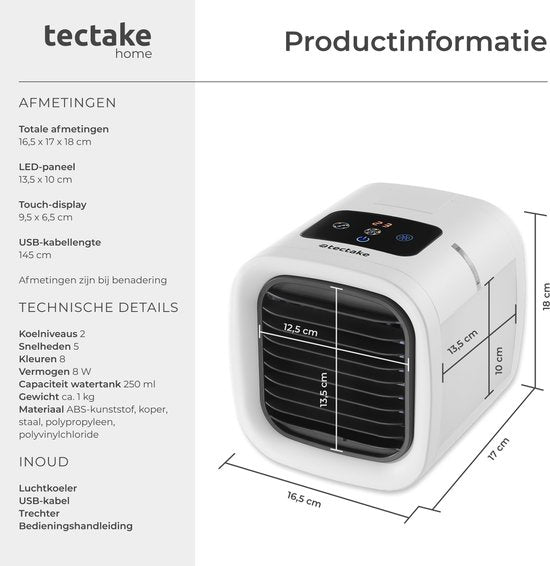 tectake® Aircooler Frosty met LED-Verlichting - 2 Koelstanden - 8W - 3-in-1 Luchtkoeler met Waterreservoir - Zonder Afvoerslang - Inclusief USB-Kabel en Trechter - Mini Airco - Wit