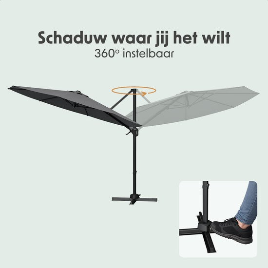 LifeGoods Zweefparasol - 6 Standen - 360° Draaibaar - Rond Ø300 cm - Inclusief Beschermhoes - Antraciet