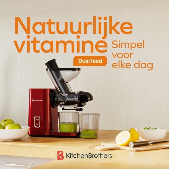 KitchenBrothers Slowjuicer - Mini Juicer - Groenten en Fruitpers - 40 mm en 50 mm invoer - 400 ml - Rood