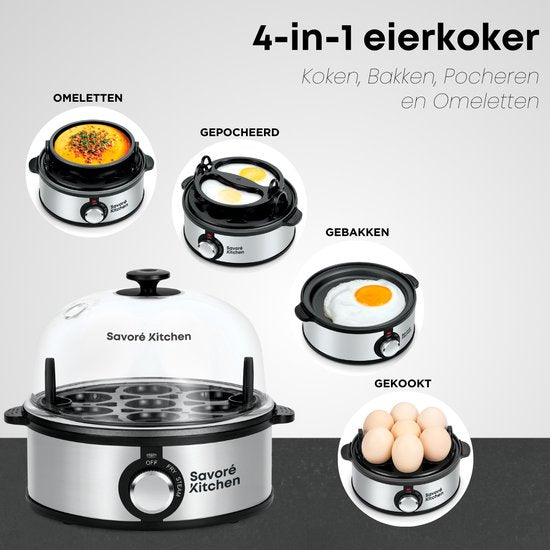 Savoré Kitchen 4-in-1 Eierkoker 7 Eieren - Bakplaat met antiaanbaklaag - Electrisch -Eierkokers met Timer