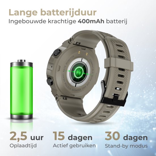 Nuvance - Outdoor Smartwatch - IP67 Waterdicht - Bluetooth Smartwatch voor Dames en Heren - Smartwatches - Sporthorloge met Stappenteller, Calorie Teller, Slaap meter - Geschikt voor alle Smartphones - Grijs