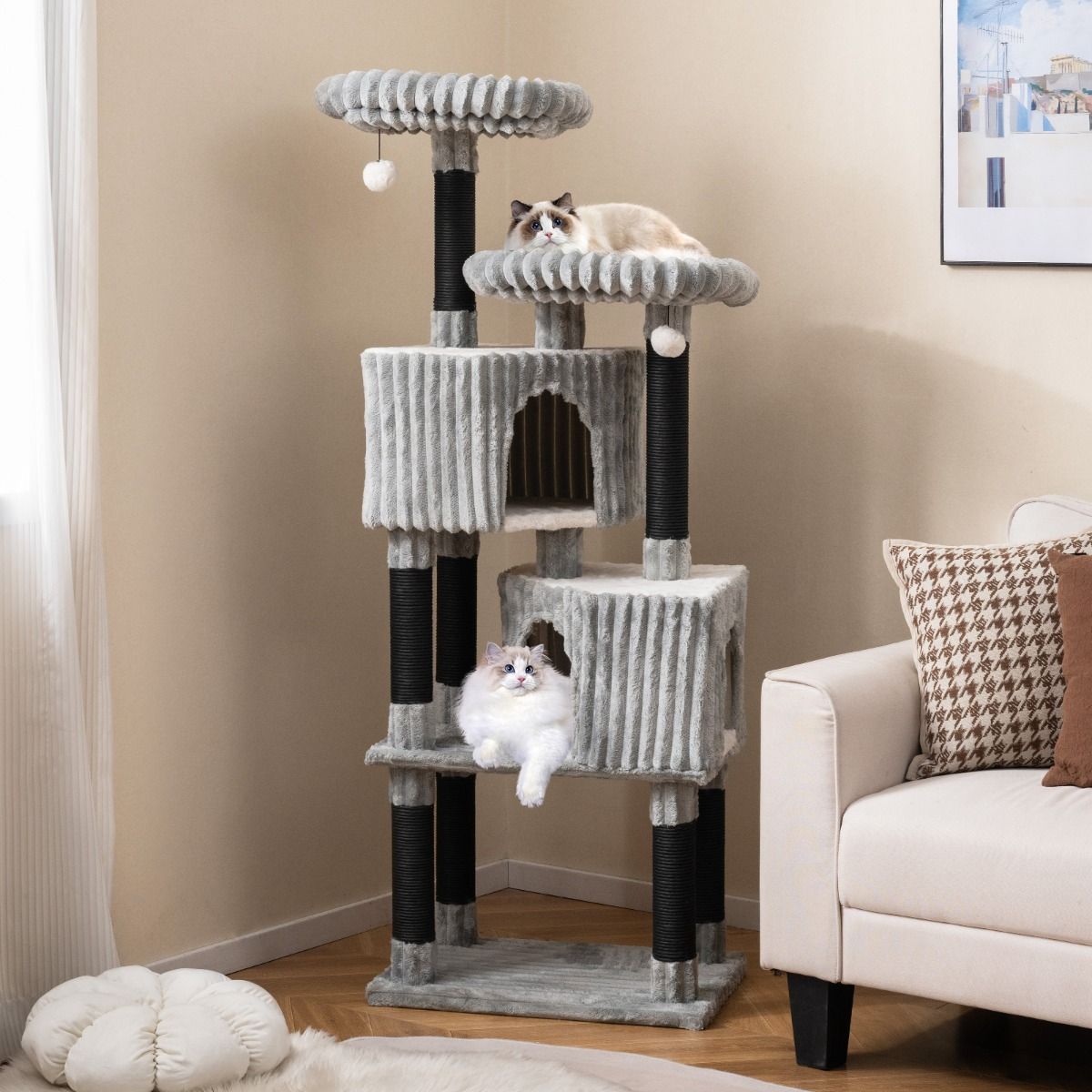 Coast Krabpaal voor Katten - 2 knuffelholtes - 2 ligplaatsen - lichtgrijs - 156 cm