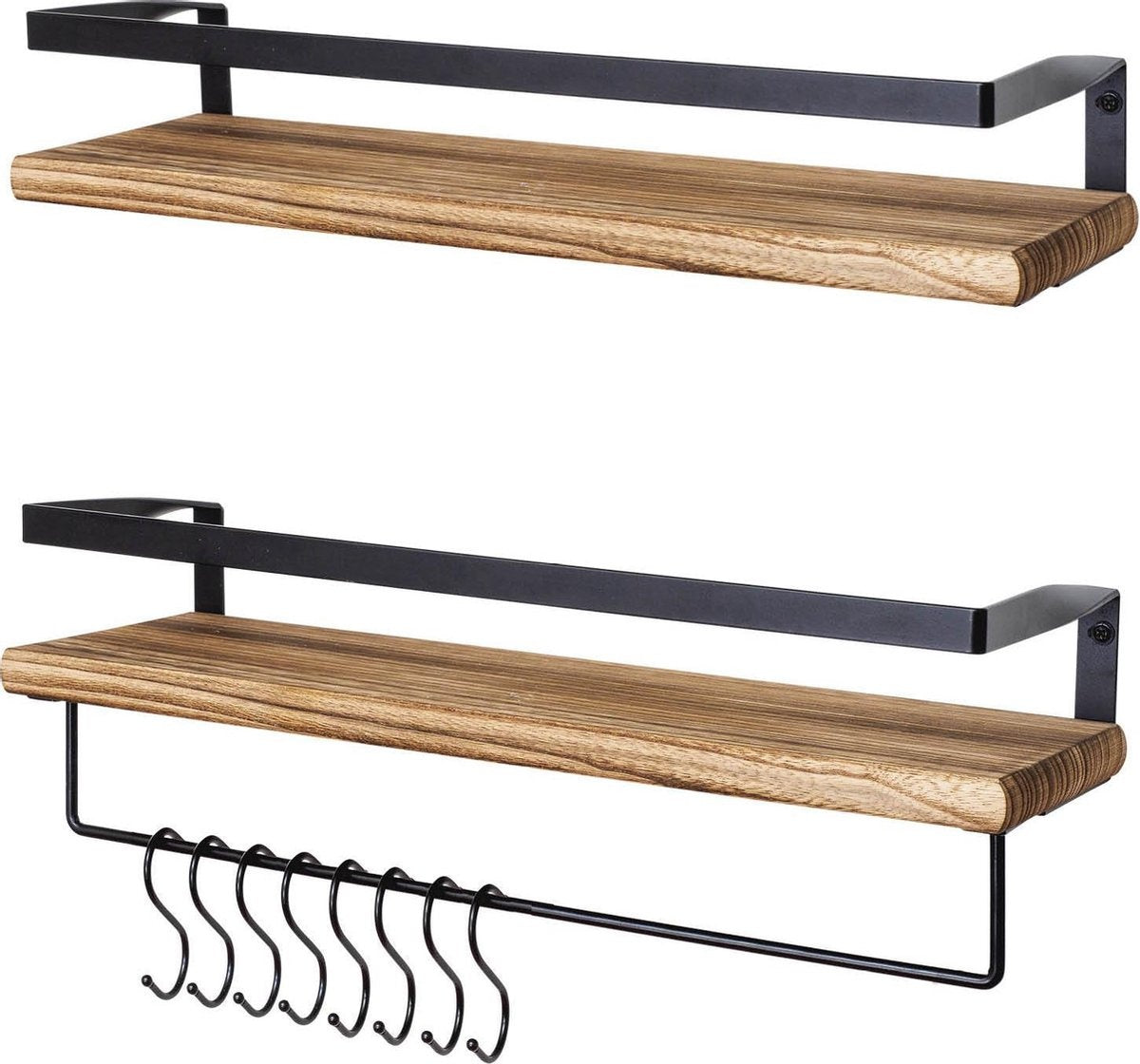 LifeGoods Zwevende Wandplank - 2 Stuks - 41cm - Handdoekhouder en 8 Haakjes - Industrieel - Hout - Bruin/Zwart