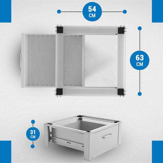 Vonia Wasmachine Verhoger - Wasmachine Verhoger met lade - Wasmachine Sokkel - Wasmachine Kast - Wasmachine ombouw - 63x54x31 - Wit