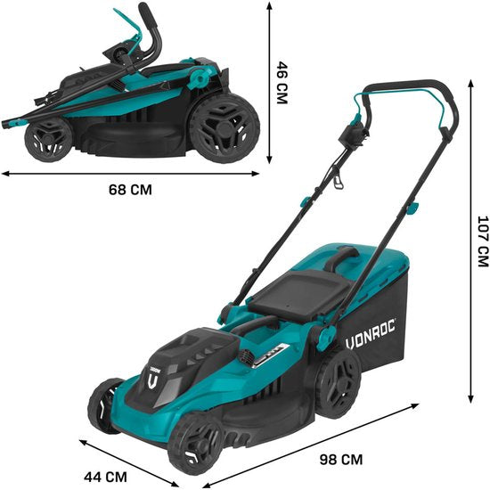VONROC Grasmaaier - 1600W – 38 cm maaibreedte - Vijf instelbare maaihoogtes: 25/40/50/60/70 mm - Incl. 42L Opvangbak