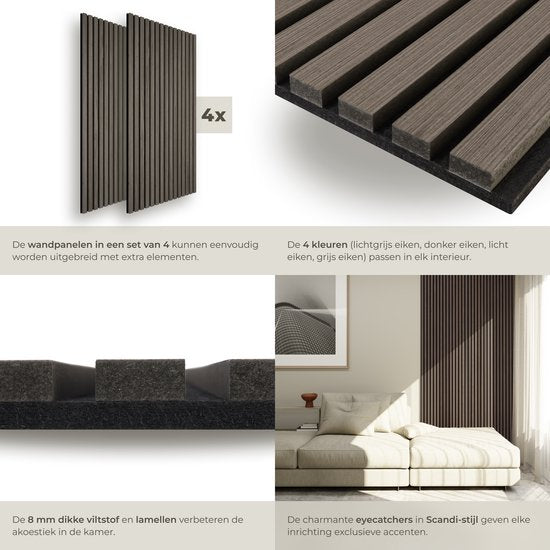 tectake® Akoestische Panelen - Set van 4 - Akoestisch Wandpaneel - 60 x 120 cm - 2,88 m² - Wandpanelen met Aanpasbare Grootte - Lattenwand van MDF en Houtfineer - Geluidsisolatie - Stijlvolle Wanddecoratie - Eenvoudige Montage - Eiken Grijs