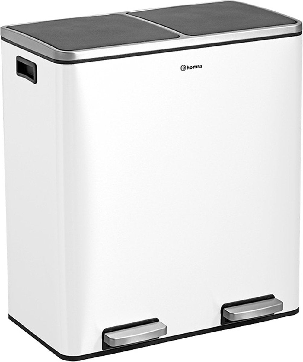 Afvalscheidingsprullenbak 2 vakken Crème Wit – 60 L (2x30 Liter) pedaalemmer Homra QUICKX – Design Duo Afvalemmer RVS - Afval Scheiden - Recycle Afvalbak - Hygiënisch Pedaal - Dubbele Vuilnisbak - Keuken Vuilbak - Kantoor Prullenbak