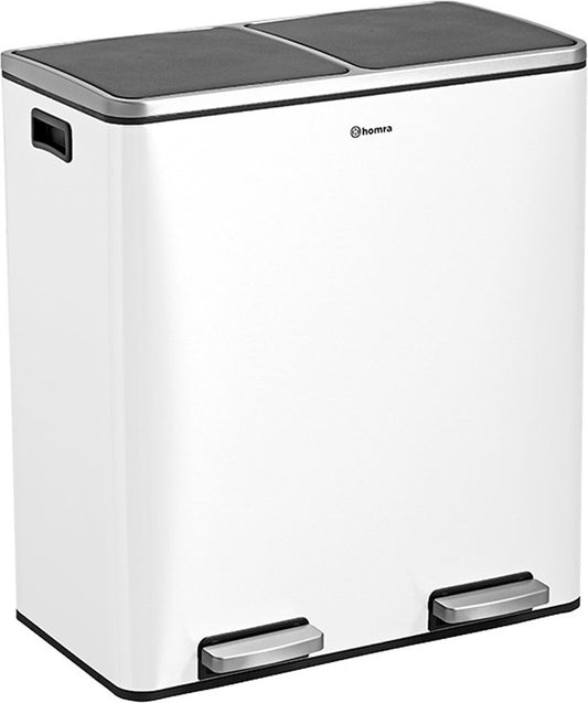 Afvalscheidingsprullenbak 2 vakken Crème Wit – 60 L (2x30 Liter) pedaalemmer Homra QUICKX – Design Duo Afvalemmer RVS - Afval Scheiden - Recycle Afvalbak - Hygiënisch Pedaal - Dubbele Vuilnisbak - Keuken Vuilbak - Kantoor Prullenbak