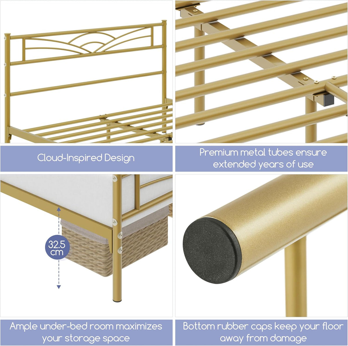 Yaheetech Metalen Bedframe 140 x 200 cm – Antiek Goud – Modern Jeugdbed met Lattenbodem en Ruime Opbergruimte