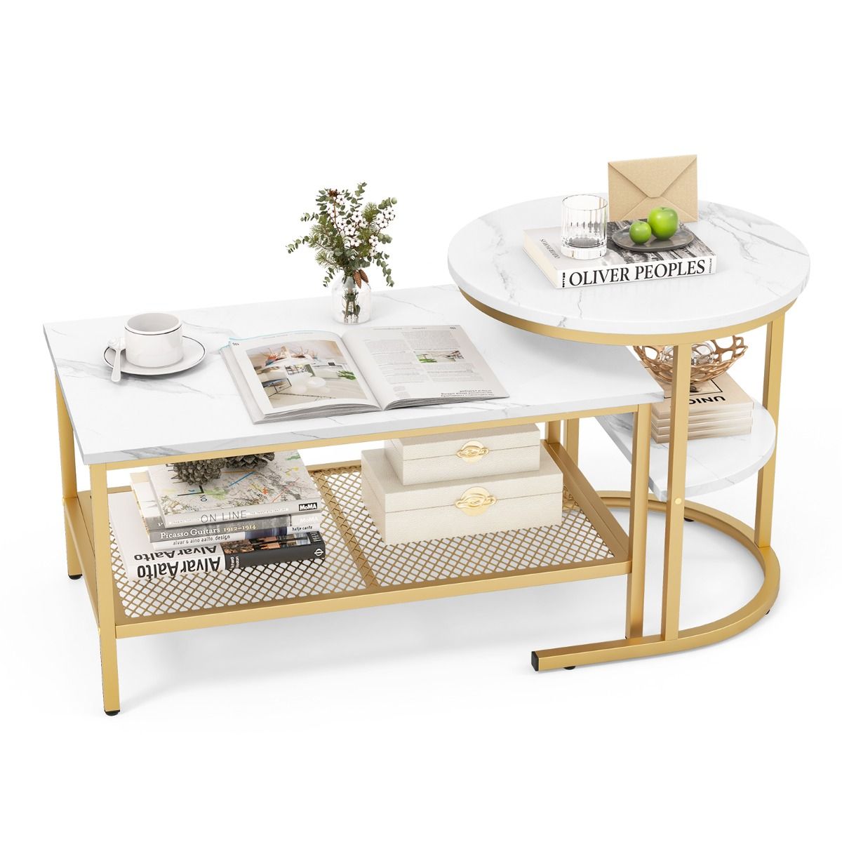 Coast Set van 2 Bijzettafels - Marmerlook tafelblad - Gouden metalen frame - Rond en rechthoekig