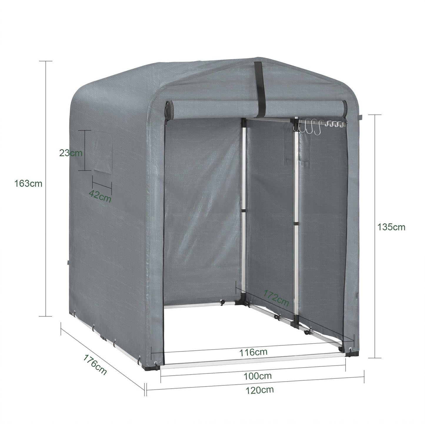 sobuy Tuinhuis voor buiten – waterdicht motorhuis met haken – fietsschuur & gereedschapopslag – grijs – 120 × 176 × 163 cm