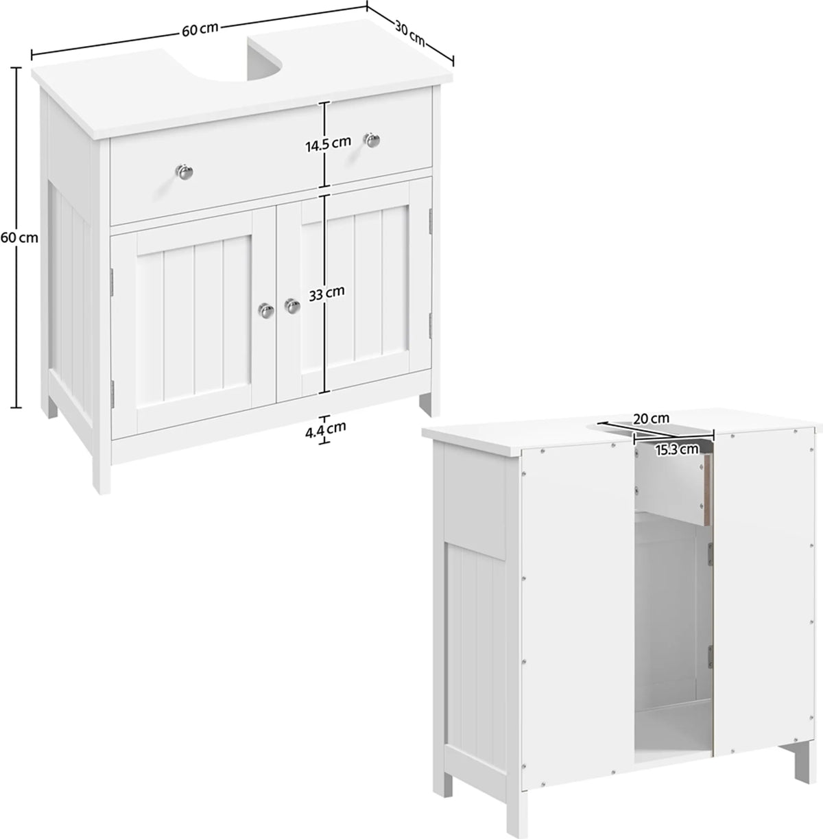 Badkamermeubel met Lade en 2 Deuren Landelijke Stijl Wit 60 × 30 × 60 cm