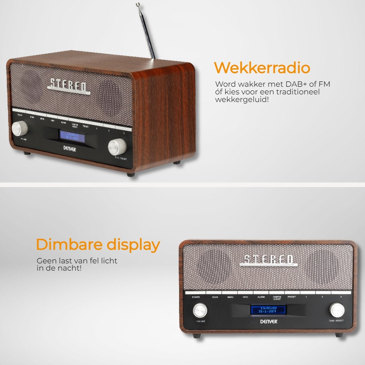 Denver DAB Radio XL - Retro Radio - Bluetooth - DAB+/ FM - Batterijen & Netstroom - DAB36 - Bruin