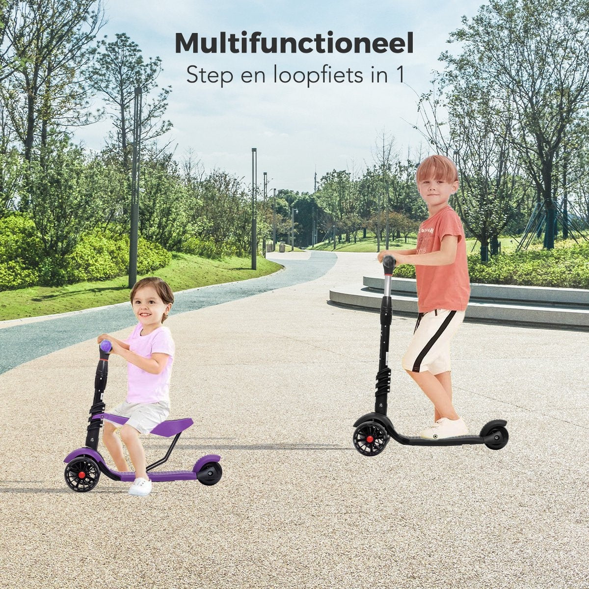 LifeGoods MultiRider Kinderstep - Step 3-8 Jaar - Verstelbaar Zitje - Lichtgevende Wielen - Jongens/Meisjes - Paars