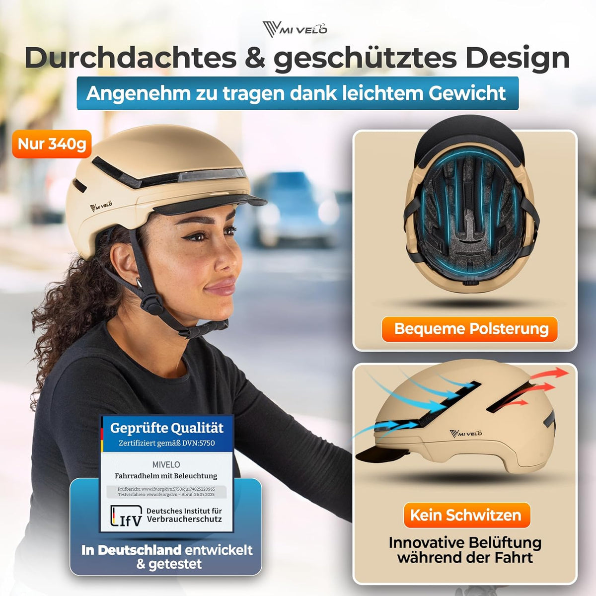 Mivelo Unisex Fietshelm NOVA - Met Lampje - NTA Gecertificeerd tot 45km/h - Beige - Maat L (57-61 cm)