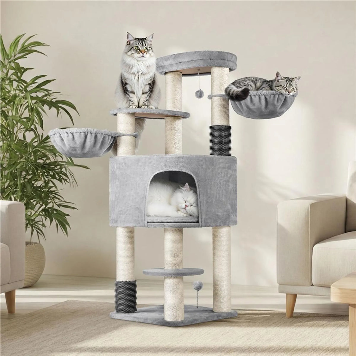 Yaheetech Krabpaal 160 cm H - ⌀11 cm Sisalstammen, Platforms & Kattenholen - Lichtgrijs & Beige
