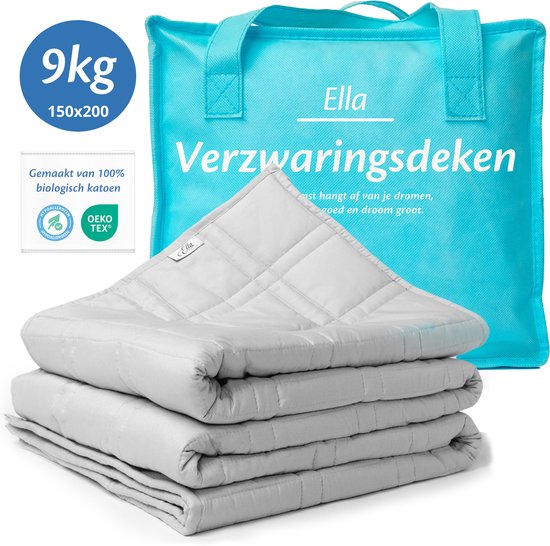Ella Verzwaringsdeken 9 kg - OEKO-TEX Katoen Zwaartedeken 150 x 200cm - Weighted Blanket - Verzwaarde Deken - Cadeau voor Moederdag - Grijs